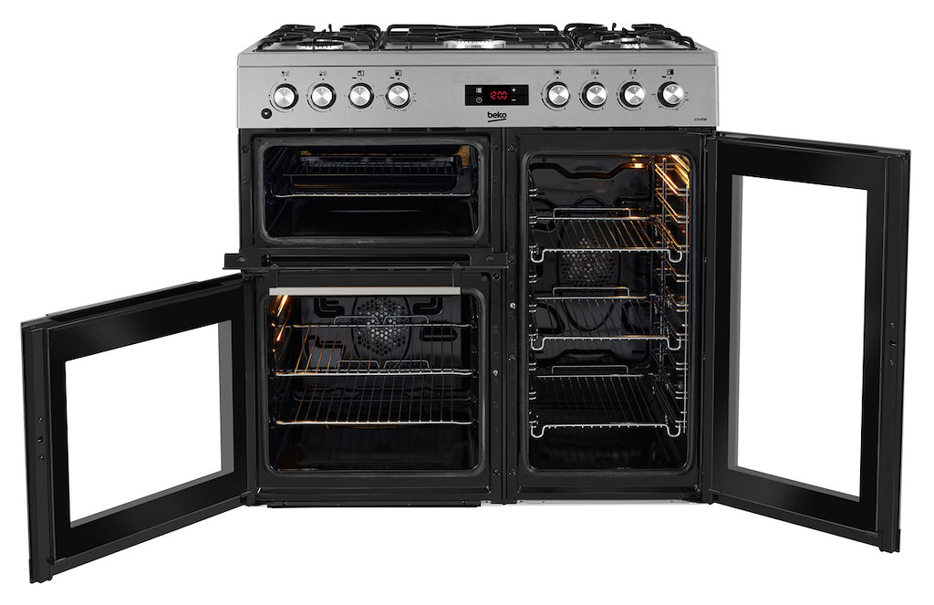 Beko KDVF90X 90cm Double Oven Range Cooker with 5 Burner Gas Hob - Stainless Steel