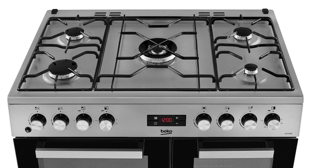 Beko KDVF90X 90cm Double Oven Range Cooker with 5 Burner Gas Hob - Stainless Steel