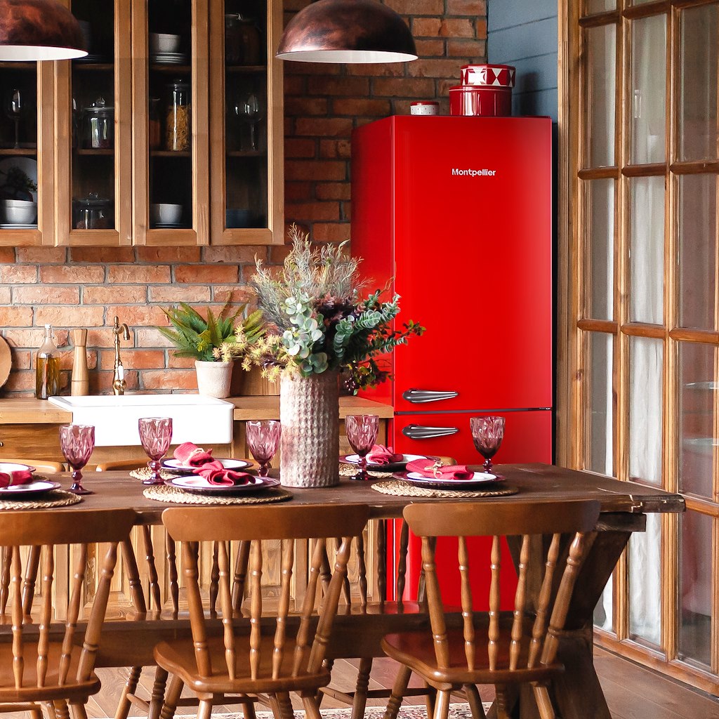 Montpellier MAB386R Retro No Frost Fridge Freezer in Red