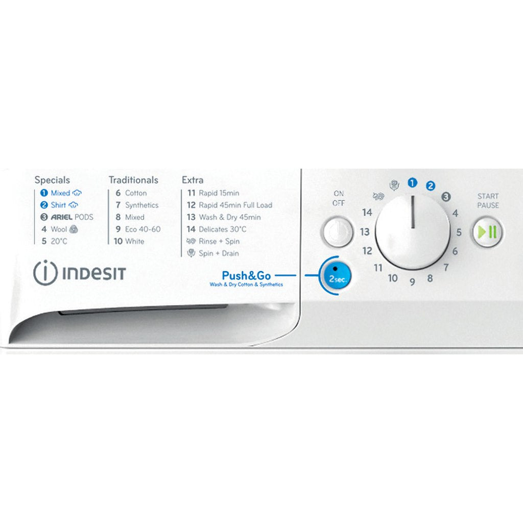 INDESIT PUSH&GO WASHER-DRYER 10+7KG 1400SPIN WHITE WITH ARIEL PODS AND STEAM CYCLES