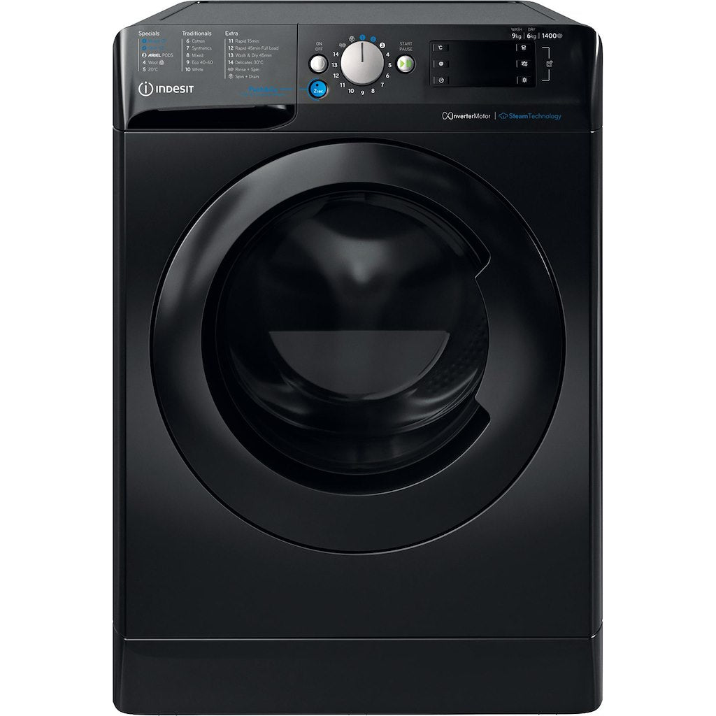 INDESIT PUSH&GO WASHER-DRYER 9+6KG 1400SPIN BLACK WITH ARIEL PODS AND STEAM CYCLES