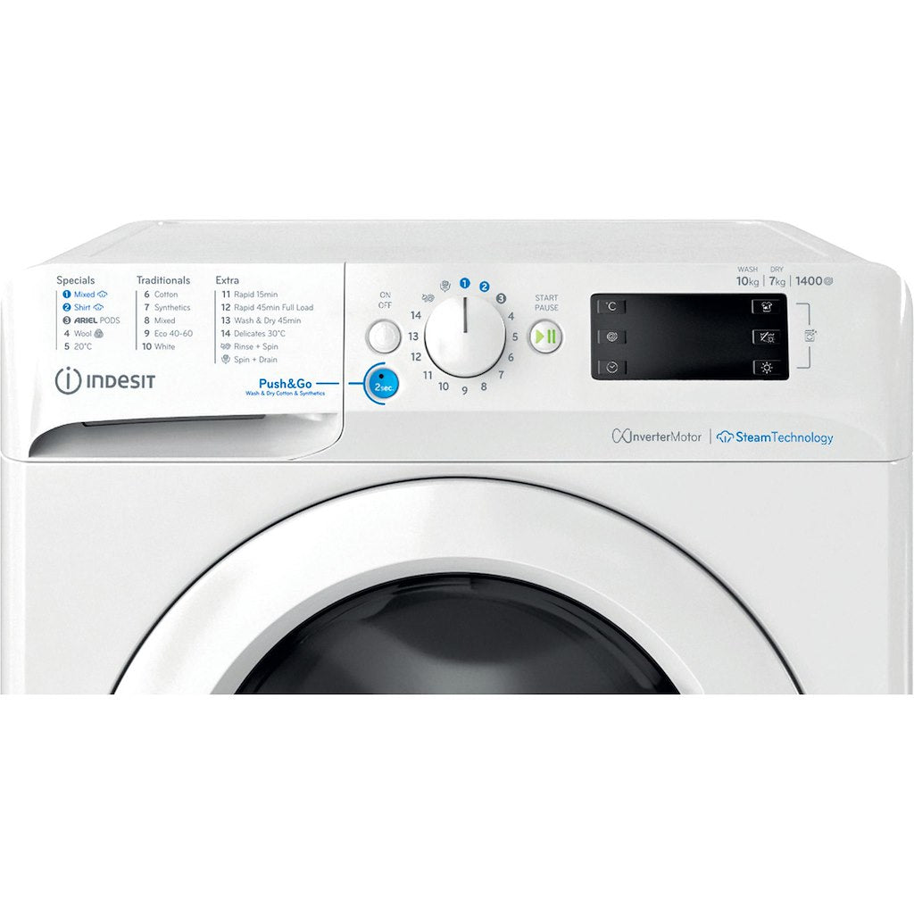 INDESIT PUSH&GO WASHER-DRYER 10+7KG 1400SPIN WHITE WITH ARIEL PODS AND STEAM CYCLES