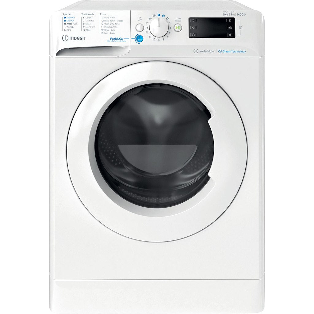 INDESIT PUSH&GO WASHER-DRYER 10+7KG 1400SPIN WHITE WITH ARIEL PODS AND STEAM CYCLES