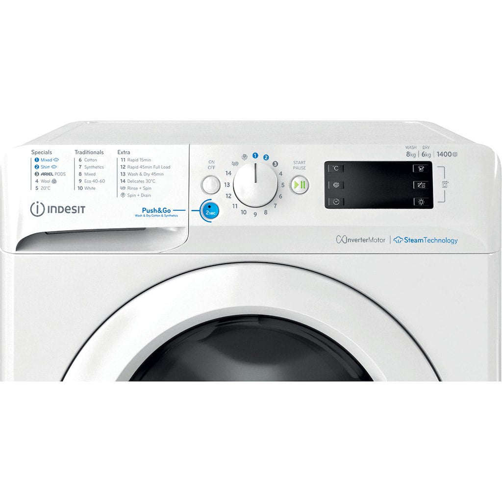 INDESIT PUSH&GO WASHER-DRYER 8+6KG 1400SPIN WHITE WITH ARIEL PODS AND STEAM CYCLES