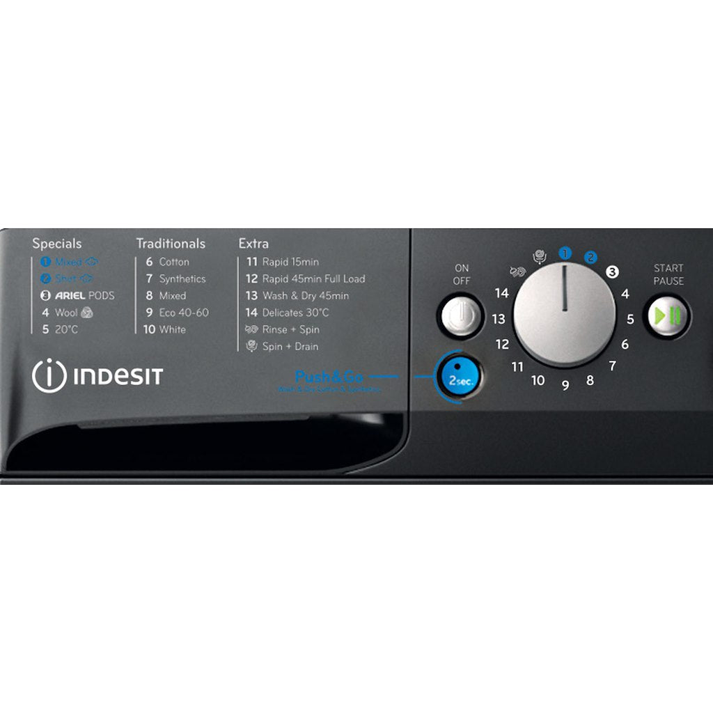 INDESIT PUSH&GO WASHER-DRYER 9+6KG 1400SPIN BLACK WITH ARIEL PODS AND STEAM CYCLES