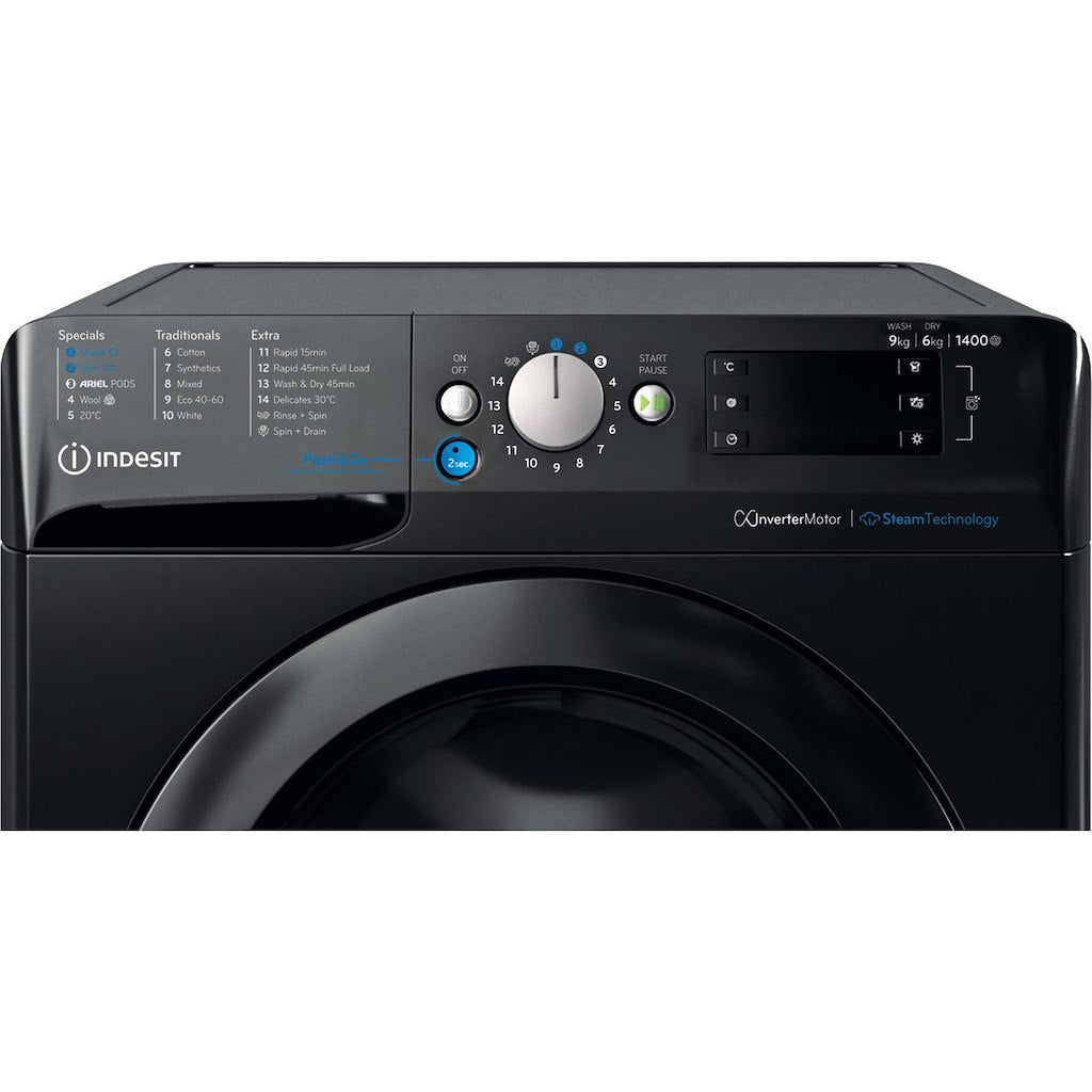 INDESIT PUSH&GO WASHER-DRYER 9+6KG 1400SPIN BLACK WITH ARIEL PODS AND STEAM CYCLES