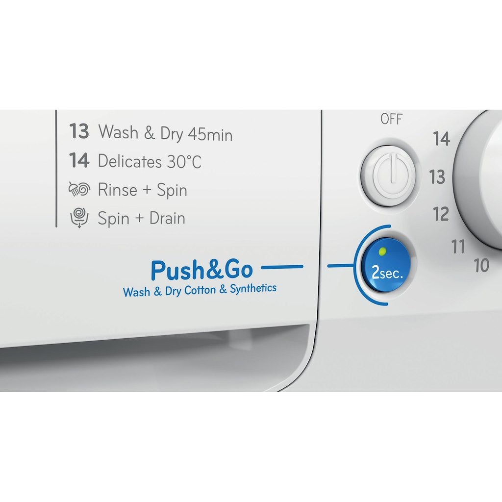 INDESIT PUSH&GO WASHER-DRYER 8+6KG 1400SPIN WHITE WITH ARIEL PODS AND STEAM CYCLES