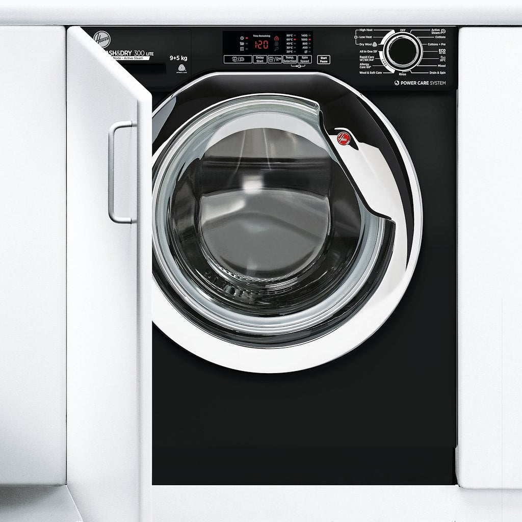 Hoover HBDS495D1ACBE-80 H-WASH&DRY 300 LITE Integrated Washer Dryer, 9/5kg Capacity, 1400rpm, E/C Energy Rated - Black & Chrome