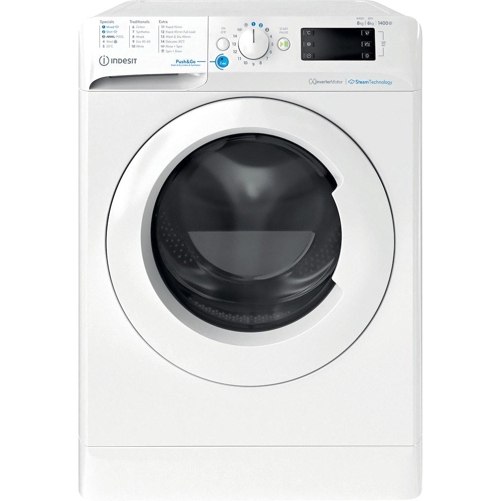 INDESIT PUSH&GO WASHER-DRYER 8+6KG 1400SPIN WHITE WITH ARIEL PODS AND STEAM CYCLES