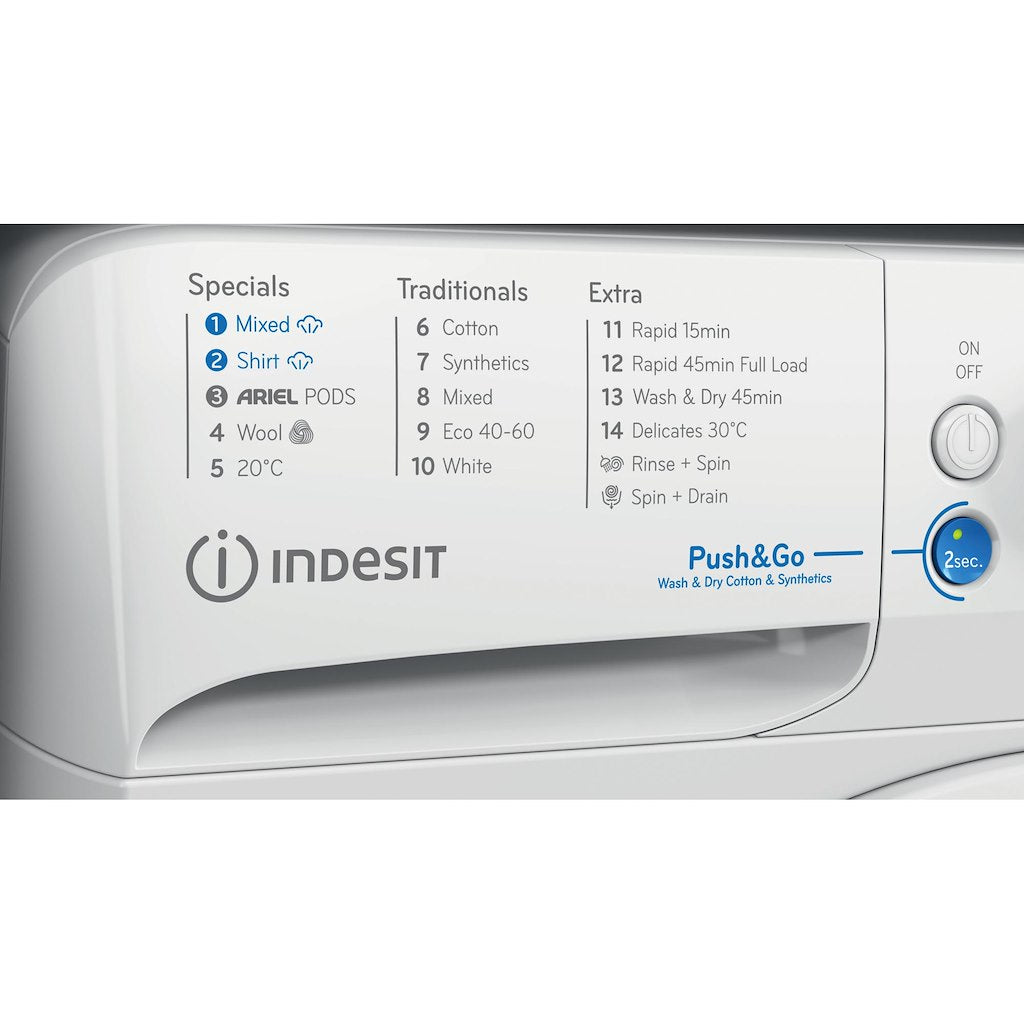 INDESIT PUSH&GO WASHER-DRYER 8+6KG 1400SPIN WHITE WITH ARIEL PODS AND STEAM CYCLES
