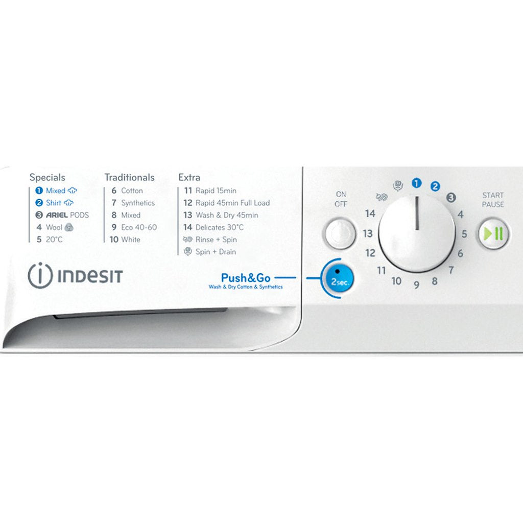 INDESIT PUSH&GO WASHER-DRYER 8+6KG 1400SPIN WHITE WITH ARIEL PODS AND STEAM CYCLES